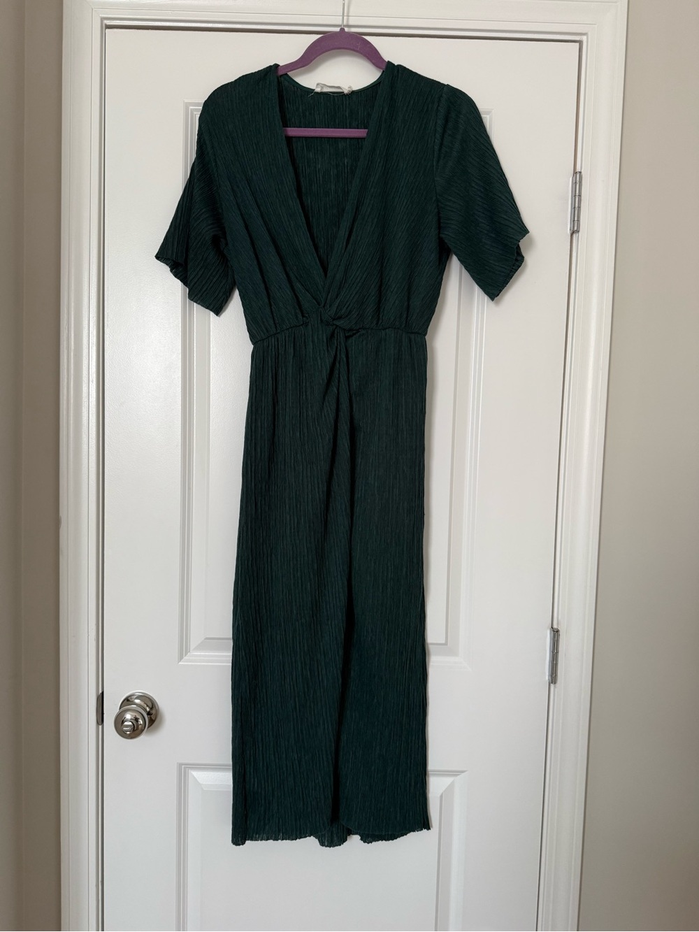 All in Favor Dark Green Midi Dress with V-Neck and Twist Front